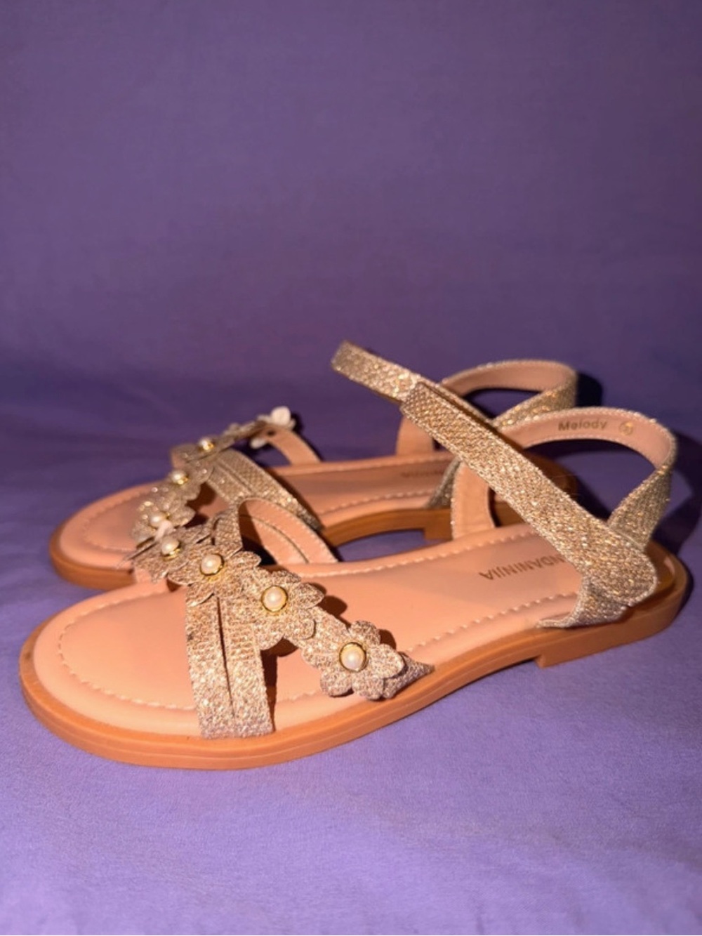 PANDANINJIA Melody Gold Glitter Flower Dress Sandals Size 2